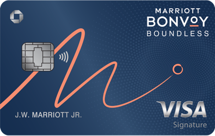 MARRIOTT BONVOY BOUNDLESS Credit Card. Contactless icon. VISA Signature.