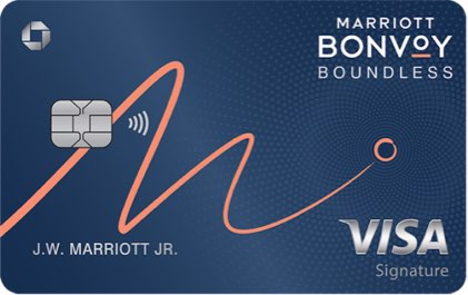MARRIOTT BONVOY BOUNDLESS Credit Card. Contactless icon. VISA Signature.