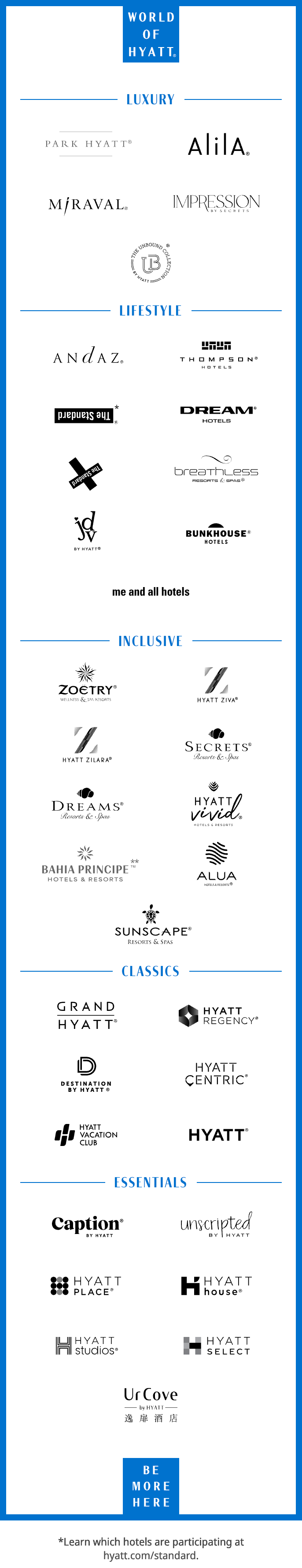 WORLD OF HYATT (Registered Trademark). Luxury Collection. PARK HYATT (Registered Trademark). ALILA (Registered Trademark). MIRAVAL (Registered Trademark). IMPRESSION BY SECRETS. THE UNBOUND COLLECTIONS BY HYATT (Registered Trademark). Lifestyle Collection. ANDAZ (Registered Trademark). THOMPSON (Registered Trademark) HOTELS. THE STANDARD (Registered Trademark), star, learn which hotels are participating at hyatt.com.standard. DREAM (Registered Trademark) HOTELS. THE STANDARD X (Registered Trademark). BREATHLESS RESORTS & SPAS (Registered Trademark). JOIE DE VIVRE by HYATT (Registered Trademark). BUNKHOUSE (Registered Trademark) HOTELS. ME AND ALL HOTELS. Inclusive Collection. ZOETRY (Registered Trademark) WELLNESS & SPA RESORTS. HYATT ZIVA (Registered Trademark). HYATT ZILARA (Registered Trademark). SECRETS (Registered Trademark) RESORTS & SPAS. DREAMS (Registered Trademark) RESORTS & SPAS. HYATT VIVID HOTELS & RESORTS (Registered Trademark). BAHIA PRINCIPE HOTELS & RESORTS (Trademark), double star, coming soon to World of Hyatt. ALUA HOTELS & RESORTS (Registered Trademark). SUNSCAPE (Registered Trademark) RESORTS & SPAS. Classics Collection. GRAND HYATT (Registered Trademark). HYATT REGENCY (Registered Trademark). DESTINATION BY HYATT (Registered Trademark). HYATT CENTRIC (Registered Trademark). HYATT VACATION CLUB. HYATT (Registered Trademark). Essentials Collection. CAPTION (Registered Trademark) BY HYATT. UNSCRIPTED BY HYATT, HYATT PLACE (Registered Trademark). HYATT house (Registered Trademark). HYATT studios (Registered Trademark). HYATT SELECT. URCOVE by Hyatt. BE MORE HERE.