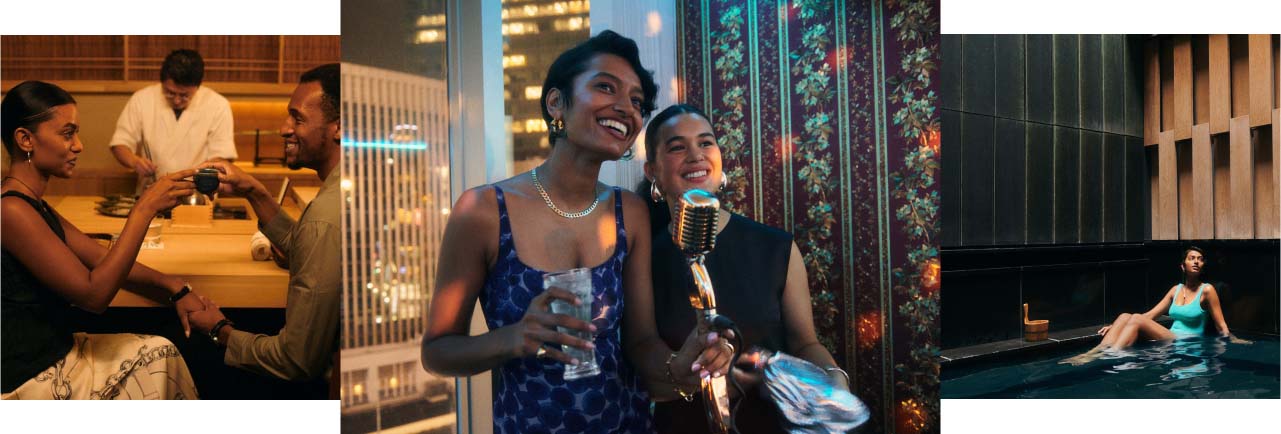 A collage of three lifestyle images of tourists in Japan.